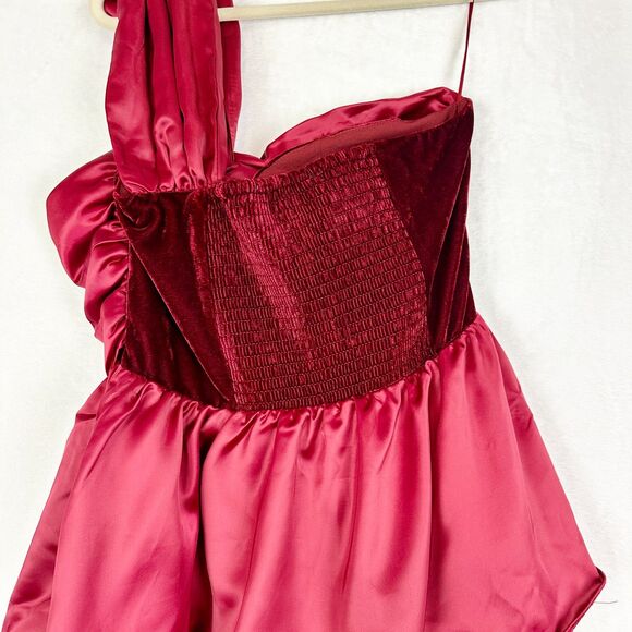 Endless Rose One Shoulder Satin Mini Dress Size Large NEW Burgundy Velvet - Picture 5 of 8